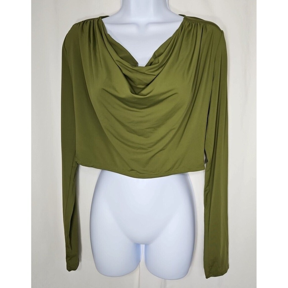 Topshop Women's Green‎ Cowl Neck Long Sleeve Cropped Top Size Medium NWT